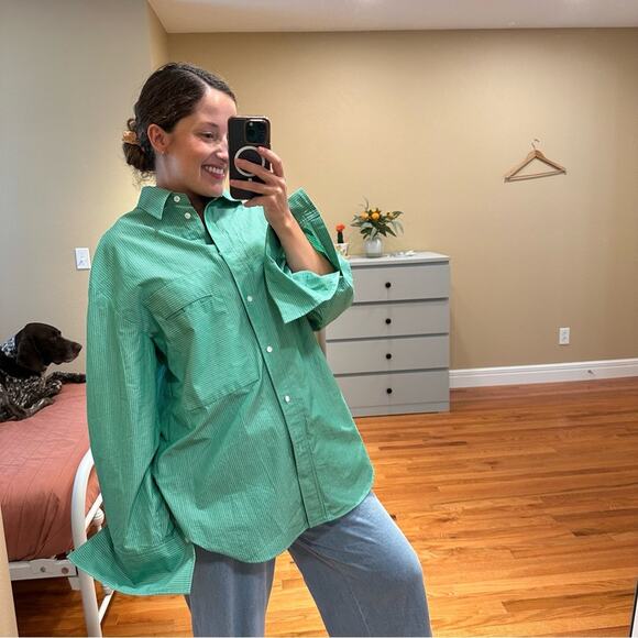 Nomia Green Striped Cotton Oversized Boyfriend Top 10 - Picture 4 of 15